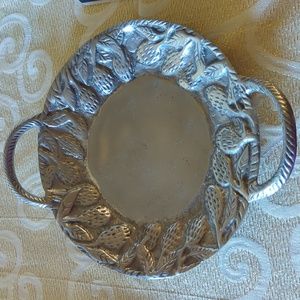 Silver fruit plate with two handles beautiful fruits on the rims good weight